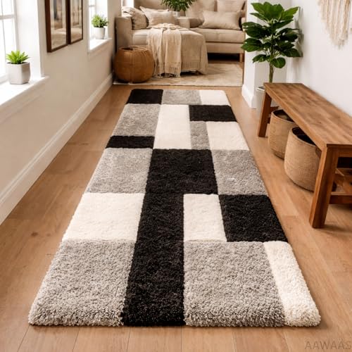 Image of 3D Shaggy Polyester Carpet Rug Runner Area Mats for Bedroom /Living Area /Home with Anti Slip Backing Soft /Fluffy Hight Pile - (3D Black B, 2x8 feet)