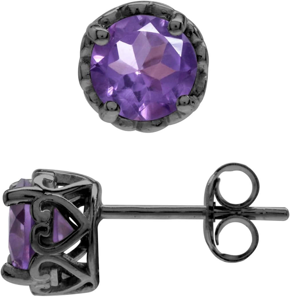 Silvershake 6MM Round Shape Birthstone Gemstones Black Rhodium Plated or Yellow Gold Plated 925 Sterling Silver Heart Victorian Style Stud/Post Earrings Jewelry for Women Business Attire