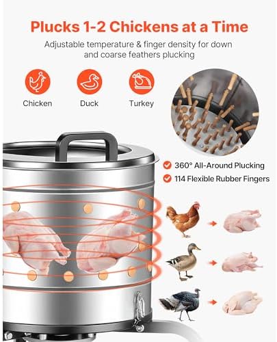 Uargd Electric Poultry Plucker Machine, 15.7-inch Drum, 550W Motor & 275RPM Speed, Equipped with 114 Soft Rubber Fingers & Portable Wheels, Stainless Steel Design for Cleaning 1-2 Birds at a Time - 1