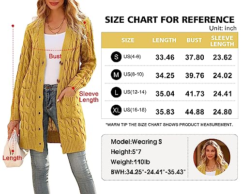 Prettygarden Women's Long Sleeve Cable Knit Button Down Midi Cardigan Sweater Open Front Chunky Knitwear Coat With Pockets (Yellow, Medium) #TOP5