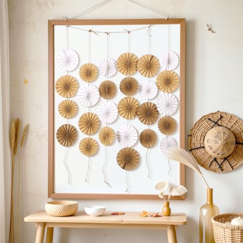 Image of Easy Joy Boho Hanging Paper Fans Neutral Rustic Paper Fans Garland White Brown Party Decorations for Boho Party Baby Shower Birthday Wedding Bridal Classroom Decor