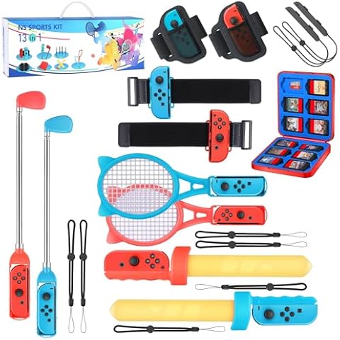 Switch Sports Accessories Bundle - 13 in 1 Family Pack with Tennis Rackets, Adjustable Golf Clubs, Chambara Swords, Soccer Leg Straps, Wrist Band, Joycon Strap, Game Case for Switch & OLED Cover