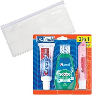 Bundle of Dr Fresh Travel Toothbrush Kit with Mini Toothbrush, Toothpaste, and Mouthwash - Airport Friendly Travel Size Toothbrush Kit for Oral Care On-The-Go with Travel Zipper Pouch