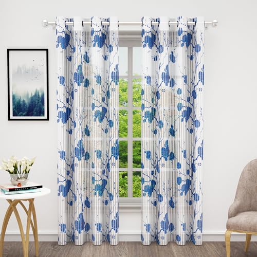 Image of Curtains 7 feet Long Set of 10 | Blue & White Transparent Sheer Curtain | Room Decoration Items for Bedroom | 215 x 118 cm | Floral Design Door Curtain | | Perfect for Home Decor