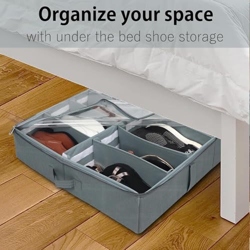Image of DOUBLE R BAGS Under Bed Shoe Organizer with Zipper-Dustproof & Space-Saving Storage for Sneakers, Heels & Boots, Adjustable Compartments, 24.5 x 29 x 5.5 Inch. (Polyster Grey, Pack of 1)