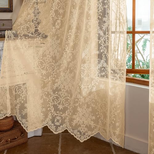 WUBODTI Lace Curtains with Valance 84 Inches Long 2 Panels,Vintage Floral Embroidered Semi Sheer Victorian Priscilla Curtains Rod Pocket Boho Lacy Shabby Chic Drapes for Living Room Bedroom, Beige by WUBODTI - Used condition - Image 4