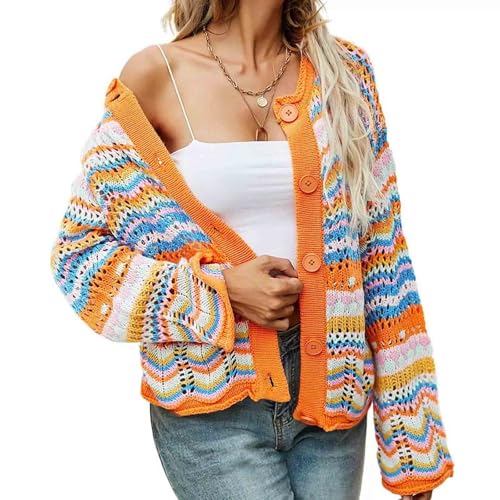 Image of Autumn and Winter Rainbow Striped Sweater Loose Knit Sweater Women's Sweater Cardigan