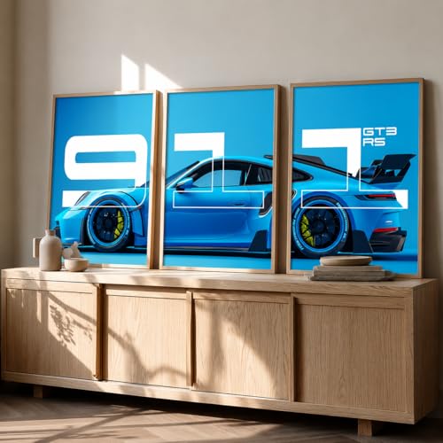 Image of HOMESY Sports Cars Framed Posters Gift Items for Boys Room | Wall Decoration for Bedroom Living Room Office Gaming Room Decor | Sports Cars Poster with Frame for Wall Decor Set Of 3 Size (13x17 inch, BROWN)