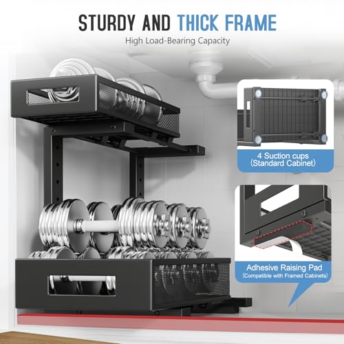 Image of 1 Pack-11.4 inch-16.14 inchH Under Sink Storage Organizer, Large 2-Tier Elegant Mesh Pull Out Shelf for Kitchen and Bathroom Cabinet Organization, L-Shaped and Adjustable Height Design for Maximum Space-Black
