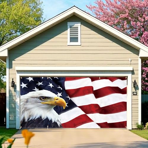 Fourth of July Garage Door Cover Banner Decorations, Patriotic American Flag Happy 4th 4 of July Outdoor Car Garage Door Murals Buddy Decorations Extra Large 16 X 7 Ft