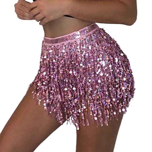 Nicute Boho Dance Hip Skirt Sequin Belly Skirt Tassel Skirts Sparkly Wrap Skirt Rave Costume For Women And Girls (Pink) #TOP2