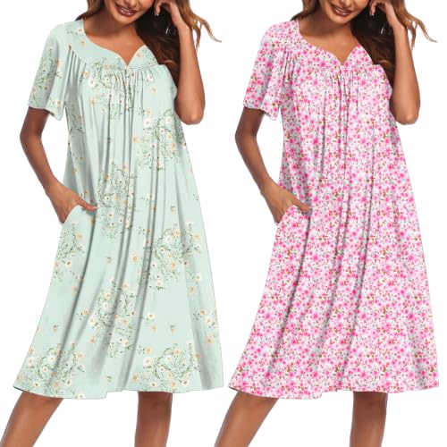 Image of Ekouaer 2 Pack House Dresses for Women with Pockets Short Sleeve Moo Moos Floral Print Mumu Dresses