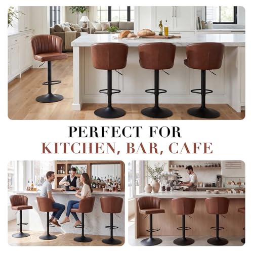 Image of EALSON Swivel Counter Height Bar Stools Set of 2 Modern Adjustable Bar Chairs with Back Leather Upholstered Barstools with Metal Base Comfortable Island Chairs for Kitchen Counter /Pub, Brown