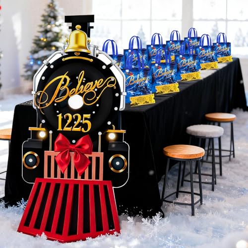 FUNID 23 Pcs Christmas Express Train Decorations Set Includes Steam Train Cardboard Cutout Believe Gift Bags Polar Golden Ticket Black Tablecloth for Christmas Express Birthday Party Favors Decor