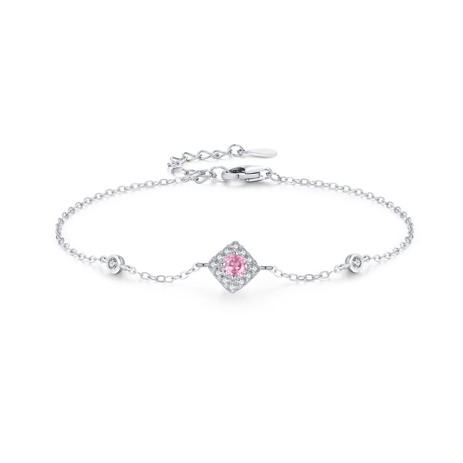 Pulsera Mujer de Oro Blanco de 9Kilates / 14Kilates / 18Kilates, Rombo y Redondo con Diamante Creado y Moissanita, Cadena Extensible 16 CM + 5 CM, Pulseras Ajustable Mujer Plata Rosa
