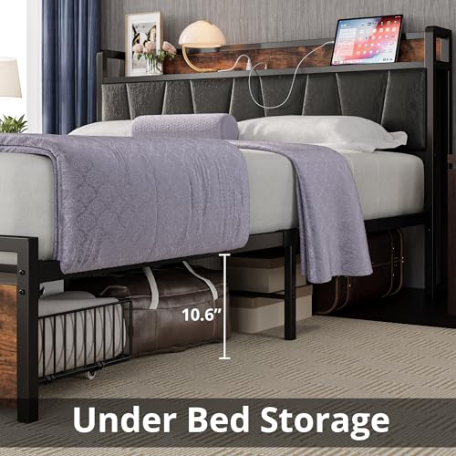 Image of LIKIMIO Queen Bed Frame, Storage Headboard with Charging Station, Platform Bed with Drawers, No Box Spring Needed, Easy Assembly, Vintage Brown and Black