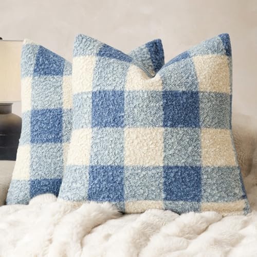 Image of Foindtower Pack of 2 Soft Faux Fur Boucle Throw Decorative Pillow Covers Fuzzy Accent Check Cushion Sherpa Boho Farmhouse Pillowcase for Couch Sofa Bed Living Room Home Decor 20x20 Inch,Dusty Blue