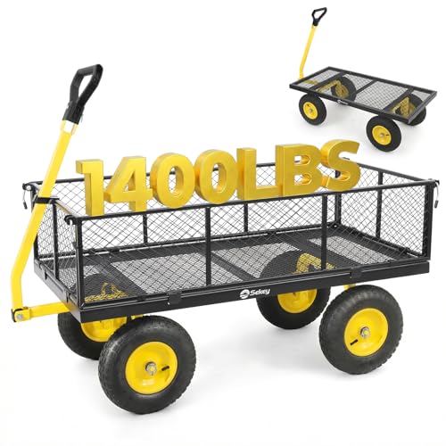 Sekey 1400lbs Heavy Duty Steel Garden Cart for Farm & Construction, 7.7 Cu.Ft. Extra-Large Utility Wagon with Removable Sides, 2-in-1 Towable Handle, 13