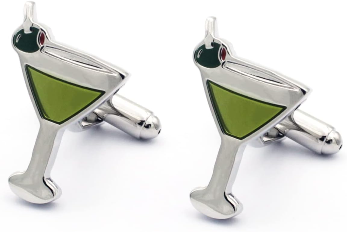 ワイングラスデザイン カクテルカフスボタン グリーンカフリンクス, S, 真鍮, 宝石なし。