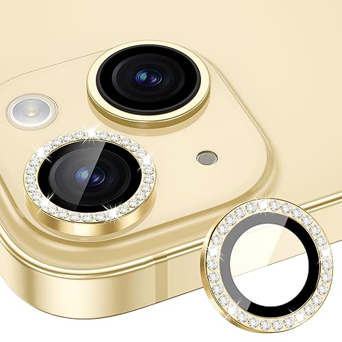 Image of Glass Camera Lens Protector Compatible For Iphone 15 /15 Plus Bling,Individual Metal Diamond Ring 9H Hardness Scratchproof Protector,Stylish Accessories,Case Friendly(Yellow Diamond)