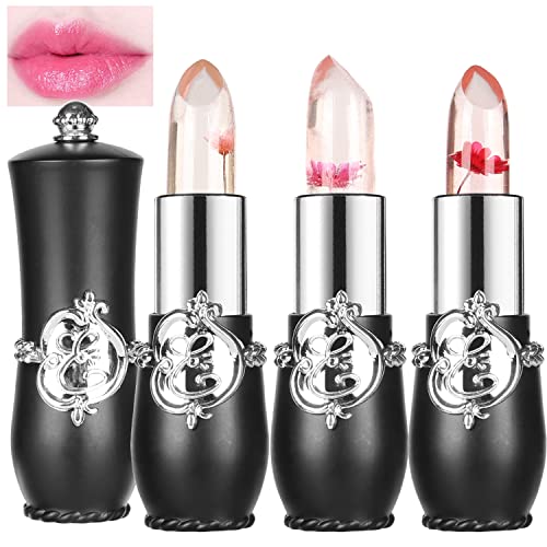 firstfly Pack of 3 Crystal Flower Jelly Lipstick, Long Lasting Nutritious Lip Balm Lips Moisturizer Magic Temperature Color Change Lip Gloss (3Pcs)