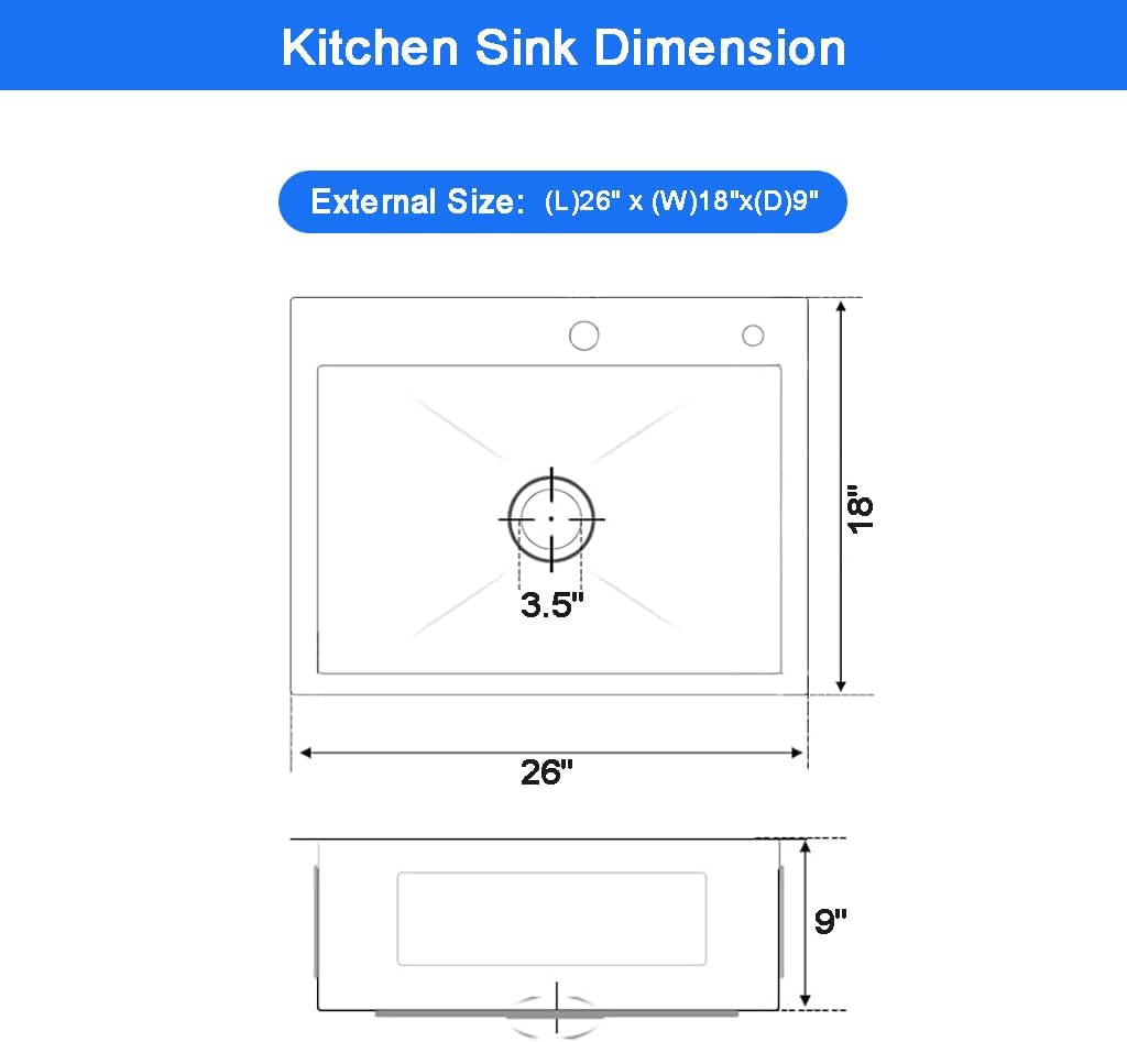 26 x 18 Inch Modern Drop In Kitchen Bar Sink, 304 Stainless Steel Black Single Bowl Topmount Sink, Nano Laundry RV Deep Workstation Sinks with Drain Strainer & Grid