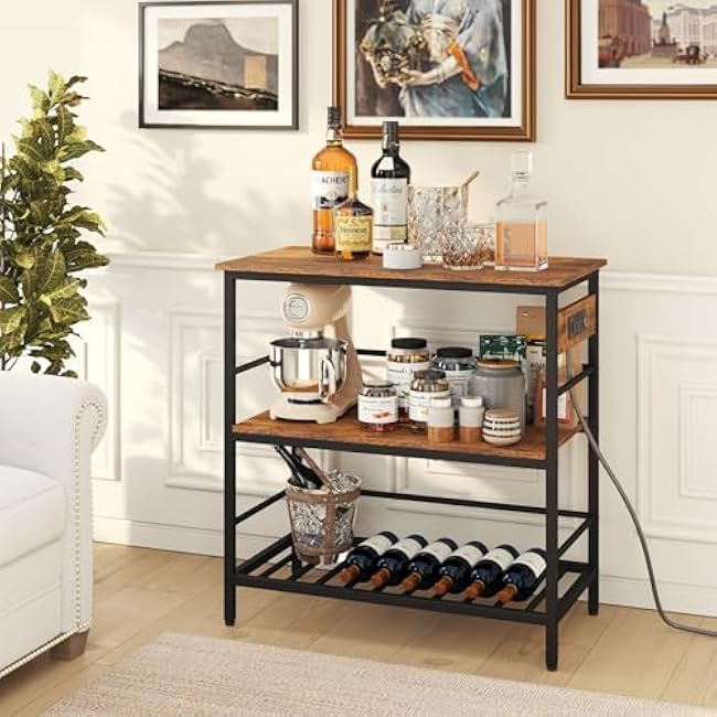 IBUYKE Kitchen Island with Storage, Bakers Rack with Power Outlet,Microwave Stand with Large Worktop,Rolling Bar Cart for Home, Outdoor, Kitchen,Rustic Brown and Black TMJ029H-QXsz2C8V