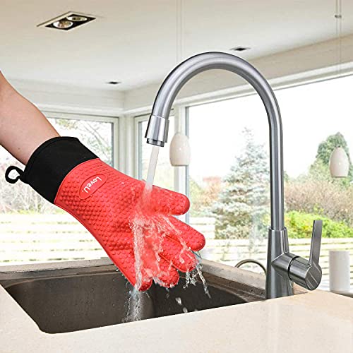 Image of Kitchen Oven Gloves - Dual-Layer Heat Resistant Grilling Gloves, Silicone Oven Mitts with 5 Fingers, Waterproof Non-Slip Pot Holder for Barbecue, Cooking, Baking (Red, Long)