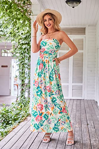 GRACE KARIN Women Strapless Dress Casual Loose Ruched Long Maxi Dress with Pockets Green Floral — view 4