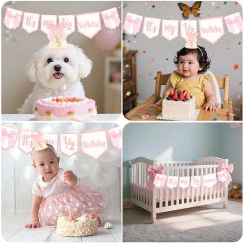 Atoden 1/2 Birthday Hat Half Way to One High Chair Banner 6 Months Cone Headwear Princess Crown Headband Pink Bow Birthday Party Decorations for Girl Outfit Cake Smash Photo Props Gifts by Atoden - Used condition - Image 2