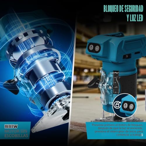Miniatura 4 de Fresadora Con Batería Compatible Con Batería Makita De 18 V, 800 W Sin Escobillas, Juego De Fresa De Cantos Sin Escobillas Con 5 Velocidades, Pinza De Sujeción De 6,35 Mm, 30000 Rpm, Fresa De Madera