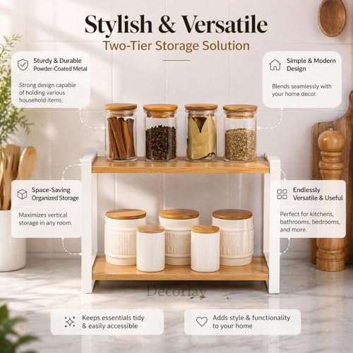 Image of Decorlay Metal & Wooden Spice Rack Organizer Space Saver Counter-top Storage for Kitchen, Bathroom, Office, and Cosmetics (White + Beech, Two - Tier)