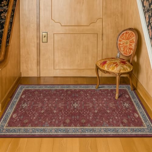 Image of Burgundy 2x3 Washable Rugs for Entryway Indoor, Boho Kitchen Rug for Floor, Bathroom, Doormat Indoor Entrance, Waterproof Non Slip Low Pile Stain & Fade Resistant, Modern Eclectic Floral Decor