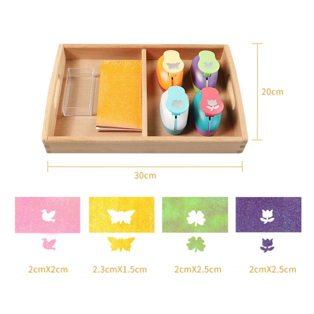 Montessori Papierlocher-Set, komplettes Bastel-Lochset mit Holztablett, 4 Formenlocher, buntes Papier & Aufbewahrungsbox