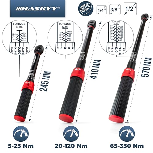 HASKYY Zestaw klucza dynamometryczny 1/4" 3/8" 1/2" 5-25 Nm 20-120 Nm 65-350 Nm, 3-częściowy rower motocyklowy, silnik, samochód przemysłowy, do samochodu, momentu obrotowego, grzechotki