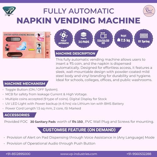 Image of By VP Industries (Fully Automatic with 5 rs Coin | Capacity- 30 Pads) Sanitary Vending Machine | Dispenses a Napkin Upon Inserting a ₹5 Coin into The Multi-Coin Acceptor.