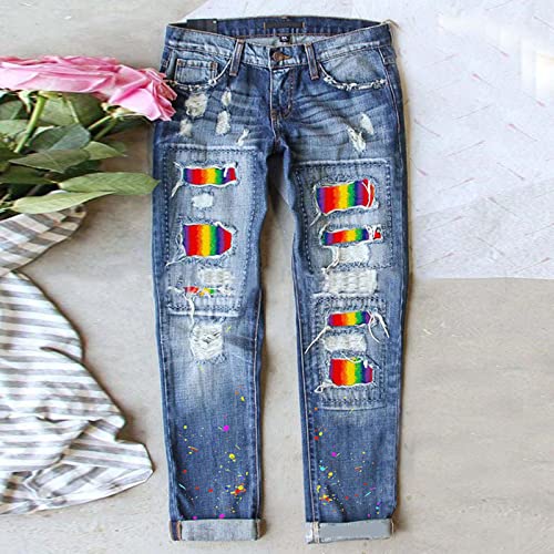 Boyfriend Jeans for Women Ripped Hole Rainbow Tie Dye Patch Straight Denim Pants2