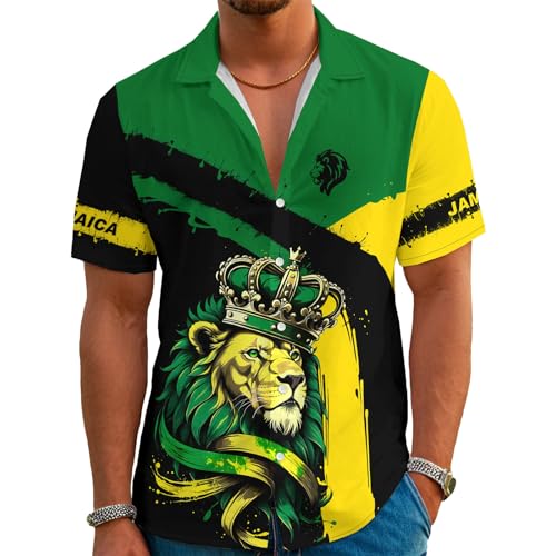 Jamaica Flag Hawaiian Shirts for Men Short Sleeve Casual Novelty Printed Hawaiian Shirt Button Down Aloha Shirts