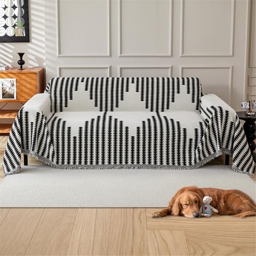GEBIN Plaid de Canapé en Chenille Doux à Franges, Grande Taille, Protection Anti-Poils d’Animaux, Jeté de Canapé 3/4 Places,Lignes Noires,180x300cm