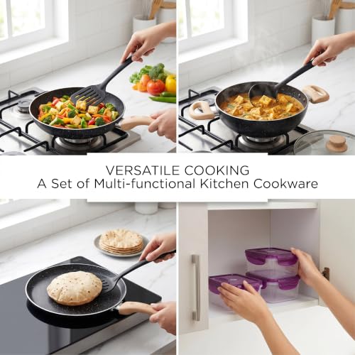 Image of Crystal Aluminum 11 Pcs Non Stick Cookware Set with Induction Bottom | Tawa, Fry Pan, Kadhai with Lid, 4 Serving Spoons, 3 Containers | 4 Layer Non Stick Coating | PFOA Free | Black