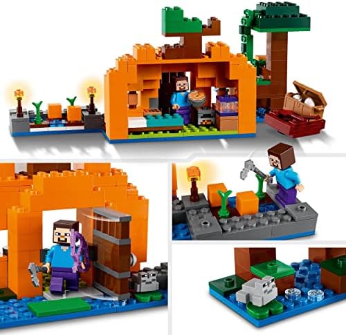 LEGO 21248 Minecraft Dyniowa farma, domek do zbudowania z bagiennego biomu, z żabą, łodzią, skrzynią ze skarbami oraz figurkami Steve'a i czarownicy, prezent dla dzieci od 8 lat