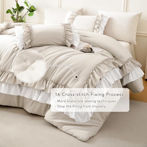 Image of QSH 3PCs Wheat White Ruffled Comforter Queen Size,Farmhouse Shabby Boho Chic Ruffle Bedding Comforter Set Queen Ultral Soft Microfiber Lightweight Vintage Rustic Comforter Set with Pillowcases