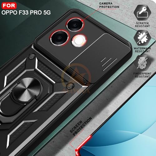 Image of Armor Bumper Back Cover Case for Oppo F33 Pro 5G Rotating Camera Cover, Ring Holder & Kickstand | Heavy Duty & 360 Degree Protection Oppo F33 Pro 5G Back Cover (Black)