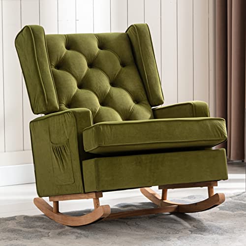 Image of NIOIIKIT Nursery Rocking Chair Upholstered Rocking Accent Chair Glider Rocker Linen Padded Seat with High Backrest Armchair Comfy Side Chair for Living Room Bedroom Offices (Olive)