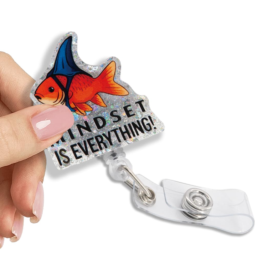 Pishovi Mindset is Everything Glitter Retractable Reel ID Card Clip, Funny Goldfish Badge Reel Gifts for Doctor Nurse Office Worker, Birthday