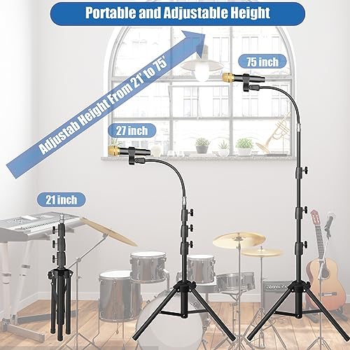 Image of Kereal Microphone Stand - Black, Metal, Gooseneck, Adjustable Height 21 inch to 75 inch, Portable, 2 Mic Clips, Phone Holder, For Studio, Stage, Karaoke, DJ, Kids