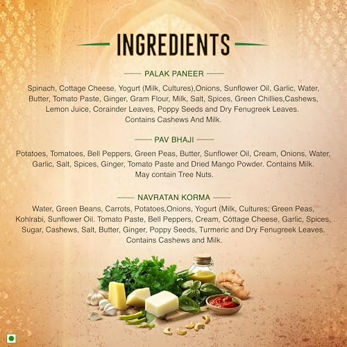 Kitchens of India Ready To Eat Combo - Navratan Korma, Palak Paneer & Pav Bhaji, 10 Ounces - Pack of 3, Authentic Vegetarian Indian Food, Gluten-Free