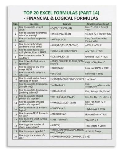 SHANGMAOYO Excel Financial Logical Formula Poster Top 20 List with Examples SUM AVERAGE IF AND OR NOT Chart Wall Art SHANGMAOYO(