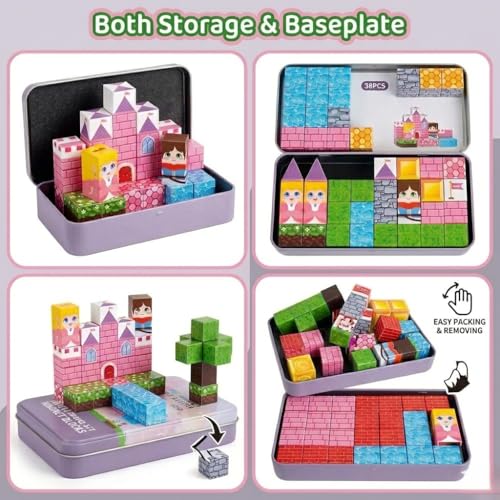 Image of Happy Hues 38Pc Mini Magnetic Blocks - Princess Castle Travel Toy for Kids 3+ | Screen-Free STEM Building Toy, Magnetic Pixel Cubes with Portable Storage Tin for Road Trips & Flights