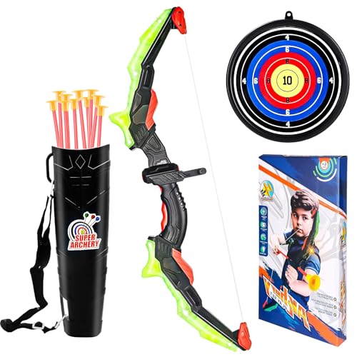 Juego de flechas y arco para niños, juego de flechas y arcos con luces LED para niños de 6 a 12 años, 10 flechas de ventosa, diana y carcaj, juguete al aire libre para niños y niñas